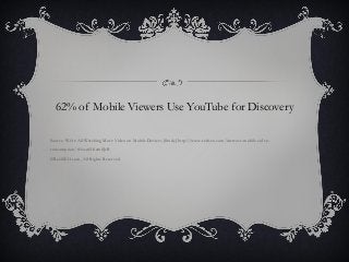 62% of Mobile Viewers Use YouTube for Discovery
Source: We're All Watching More Video on Mobile Devices [Study] http://www.reelseo.com/increase-mobile-video-
consumption/#ixzz4ASemSJrR
©ReelSEO.com, All Rights Reserved
 