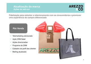 Atualização da marca
Ações do sell-out
Fidelização para estreitar o relacionamento com as consumidoras e promover
uma experiência de compra diferenciada
Pós VendaPós Venda
Ações direcionadas
Telemarketing estruturado
Ação CRM Natal
Programa de CRM
Mailing atualizado
Cadastro de perfil das clientes
9
 