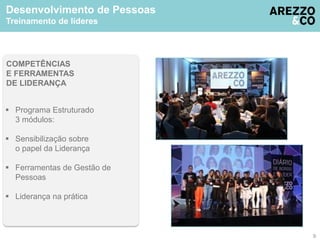 Desenvolvimento de Pessoas 
Treinamento de líderes 
COMPETÊNCIAS 
E FERRAMENTAS 
DE LIDERANÇA 
 Programa Estruturado 
3 módulos: 
 Sensibilização sobre 
o papel da Liderança 
 Ferramentas de Gestão de 
Pessoas 
 Liderança na prática 
9 
 