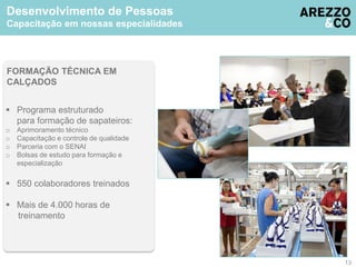 Desenvolvimento de Pessoas 
Capacitação em nossas especialidades 
FORMAÇÃO TÉCNICA EM 
CALÇADOS 
 Programa estruturado 
para formação de sapateiros: 
o Aprimoramento técnico 
o Capacitação e controle de qualidade 
o Parceria com o SENAI 
o Bolsas de estudo para formação e 
especialização 
 550 colaboradores treinados 
 Mais de 4.000 horas de 
treinamento 
13 
 