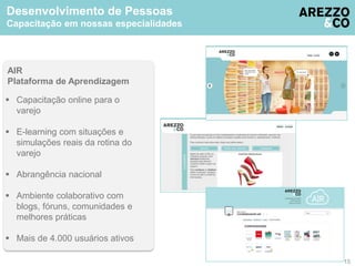 Desenvolvimento de Pessoas 
Capacitação em nossas especialidades 
AIR 
Plataforma de Aprendizagem 
 Capacitação online para o 
varejo 
 E-learning com situações e 
simulações reais da rotina do 
varejo 
 Abrangência nacional 
 Ambiente colaborativo com 
blogs, fóruns, comunidades e 
melhores práticas 
 Mais de 4.000 usuários ativos 
15 
 