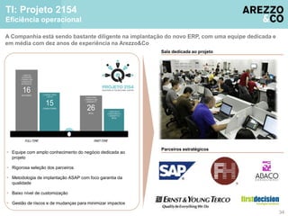 TI: Projeto 2154 
Eficiência operacional 
A Companhia está sendo bastante diligente na implantação do novo ERP, com uma equipe dedicada e 
em média com dez anos de experiência na Arezzo&Co 
1 DIRETOR 
3 GERENTES 
1 TRAINEE G&G 
4 ANALISTAS 
DE NEGÓCIO 
16 
KEYUSERS 2 CONSULTORES 
1 GP FH 
15 
CONSULTORES 
7 DIRETORES 
1 GERENTE G&G 
1 GERENTE TI 
26 
BPOs 
1 DIRETOR EY 
2 DIRETORES FH 
1 GERENTE EY 
BPOs 
FULL-TIME PART-TIME 
 Equipe com amplo conhecimento do negócio dedicada ao 
projeto 
 Rigorosa seleção dos parceiros 
 Metodologia de implantação ASAP com foco garantia da 
qualidade 
 Baixo nível de customização 
 Gestão de riscos e de mudanças para minimizar impactos 
34 
Sala dedicada ao projeto 
Parceiros estratégicos 
 