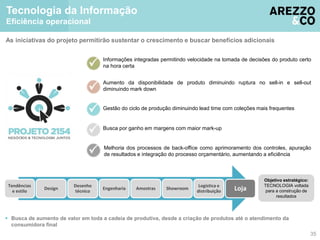 As iniciativas do projeto permitirão sustentar o crescimento e buscar benefícios adicionais 
Melhoria dos processos de back-office como aprimoramento dos controles, apuração 
de resultados e integração do processo orçamentário, aumentando a eficiência 
35 
Tecnologia da Informação 
Eficiência operacional 
Informações integradas permitindo velocidade na tomada de decisões do produto certo 
na hora certa 
 
 Aumento da disponibilidade de produto diminuindo ruptura no sell-in e sell-out 
diminuindo mark down 
 Gestão do ciclo de produção diminuindo lead time com coleções mais frequentes 
Tendências 
e estilo 
Design 
Desenho 
técnico 
Engenharia Amostras Showroom 
Logística e 
distribuição Loja 
 Busca de aumento de valor em toda a cadeia de produtiva, desde a criação de produtos até o atendimento da 
consumidora final 
Busca por ganho em margens  com maior mark-up 
Objetivo estratégico: 
TECNOLOGIA voltada 
para a construção de 
resultados 
 
 