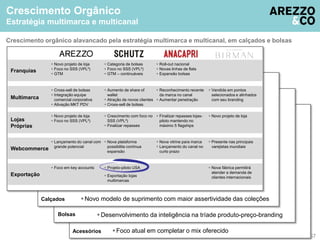 Crescimento Orgânico 
Estratégia multimarca e multicanal 
Crescimento orgânico alavancado pela estratégia multimarca e multicanal, em calçados e bolsas 
Desenvolvimento da inteligência na tríade produto-preço-branding 
Foco atual em completar o mix oferecido 
Franquias 
 Novo projeto de loja 
 Foco no SSS (VPL²) 
 GTM 
Calçados Novo modelo de suprimento com maior assertividade das coleções 
Bolsas 
Acessórios 
Multimarca 
Lojas 
Próprias 
Webcommerce 
Exportação 
57 
 Cross-sell de bolsas 
 Integração equipe 
comercial corporativa 
 Ativação MKT PDV 
 Novo projeto de loja 
 Foco no SSS (VPL²) 
 Lançamento do canal com 
grande potencial 
 Foco em key accounts 
 Categoria de bolsas 
 Foco no SSS (VPL²) 
 GTM – continuáveis 
 Aumento de share of 
wallet 
 Atração de novos clientes 
 Cross-sell de bolsas 
 Crescimento com foco no 
SSS (VPL²) 
 Finalizar repasses 
 Nova plataforma 
possibilita contínua 
expansão 
 Projeto-piloto USA 
 Exportação lojas 
multimarcas 
 Roll-out nacional 
 Novas linhas de flats 
 Expansão bolsas 
 Reconhecimento recente 
da marca no canal 
 Aumentar penetração 
 Finalizar repasses lojas-piloto 
mantendo no 
máximo 5 flagships 
 Nova vitrine para marca 
 Lançamento do canal no 
curto prazo 
 Vendida em pontos 
selecionados e alinhados 
com seu branding 
 Novo projeto de loja 
 Presente nas principais 
varejistas mundiais 
 Nova fábrica permitirá 
atender a demanda de 
clientes internacionais 
 
