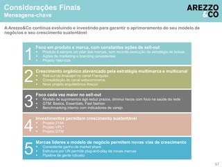 67 
Considerações Finais 
Mensagens-chave 
A Arezzo&Co continua evoluindo e investindo para garantir o aprimoramento do seu modelo de 
negócios e seu crescimento sustentável 
Foco em produto e marca, com constantes ações de sell-out 
 Produto é sempre um pilar das marcas, com recente execução da estratégia de bolsas 
 Ações de marketing e branding consistentes 
 Projeto Valorizza 1 
Crescimento orgânico alavancado pela estratégia multimarca e multicanal 
 Roll-out da Anacapri no canal Franquias 
 Consolidação do canal webcommerce 
 Novo projeto arquitetônico Arezzo 2 
Foco cada vez maior no sell-out 
 Modelo de suprimentos ágil reduz prazos, diminui riscos com foco na saúde da rede 
 GTM: Basics, Essentials, Fast fashion 
 Benchmarking interno com indicadores de varejo 3 
Investimentos permitem crescimento sustentável 
 Projeto 2154 
 Projeto VPL² 
 Projeto GTM 4 
Marcas líderes e modelo de negócio permitem novas vias de crescimento 
 Consistente ganho de market share 
 Estrutura por UN permite plug-and-play de novas marcas 
 Pipeline de gente robusto 
5 
 