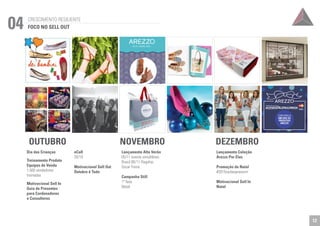 OUTUBRO NOVEMBRO DEZEMBRO 
Dia das Crianças 
Treinamento Produto 
Equipes de Venda 
1.500 vendedores 
treinadas 
Motivacional Sell In 
Guia de Presentes 
para Cordenadores 
e Consultores 
eCall 
20/10 
Motivacional Sell Out 
Outubro é Tudo 
Lançamento Alto Verão 
05/11 evento simultâneo 
Brasil 06/11 Flagship 
Oscar Freire 
Campanha Still 
1ª fase 
Natal 
Lançamento Coleção 
Arezzo Por Elas 
Promoção de Natal 
#2015razõesprasorrir 
Motivacional Sell In 
Natal 
CRESCIMENTO RESILIENTE 04 FOCO NO SELL OUT 
12 
 