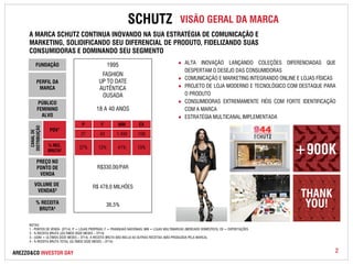 A MARCA SCHUTZ CONTINUA INOVANDO NA SUA ESTRATÉGIA DE COMUNICAÇÃO E 
MARKETING, SOLIDIFICANDO SEU DIFERENCIAL DE PRODUTO, FIDELIZANDO SUAS 
CONSUMIDORAS E DOMINANDO SEU SEGMENTO 
FUNDAÇÃO 
PERFIL DA 
MARCA 
PÚBLICO 
FEMININO 
ALVO 
CANAL DE 
DISTRIBUIÇÃO 
PDV1 
% REC. 
BRUTA2 
PREÇO NO 
PONTO DE 
VENDA 
VOLUME DE 
VENDAS3 
% RECEITA 
BRUTA4 
AREZZO&CO INVESTOR DAY 
VISÃO GERAL DA MARCA 
1995 
FASHION 
UP TO DATE 
AUTÊNTICA 
OUSADA 
18 A 40 ANOS 
P F MM EX 
27 43 1.490 
37% 12% 41% 
R$330,00/PAR 
R$ 478,0 MILHÕES 
36,5% 
168 
10% 
● ALTA INOVAÇÃO LANÇANDO COLEÇÕES DIFERENCIADAS QUE 
DESPERTAM O DESEJO DAS CONSUMIDORAS 
● COMUNICAÇÃO E MARKETING INTEGRANDO ONLINE E LOJAS FÍSICAS 
● PROJETO DE LOJA MODERNO E TECNOLÓGICO COM DESTAQUE PARA 
O PRODUTO 
● CONSUMIDORAS EXTREMAMENTE FIÉIS COM FORTE IDENTIFICAÇÃO 
COM A MARCA 
● ESTRATÉGIA MULTICANAL IMPLEMENTADA 
NOTAS: 
1 - PONTOS DE VENDA (3T14): P = LOJAS PRÓPRIAS; F = FRANQUIAS NACIONAIS; MM = LOJAS MULTIMARCAS (MERCADO DOMÉSTICO); EX = EXPORTAÇÕES. 
2 - % RECEITA BRUTA ((ÚLTIMOS DOZE MESES – 3T14) 
3 - (UDM = ÚLTIMOS DOZE MESES – 3T14). A RECEITA BRUTA NÃO INCLUI AS OUTRAS RECEITAS (NÃO PRODUZIDA PELA MARCA). 
4 - % RECEITA BRUTA TOTAL (ÚLTIMOS DOZE MESES – 3T14) 
2 
SCHUTZ 
 