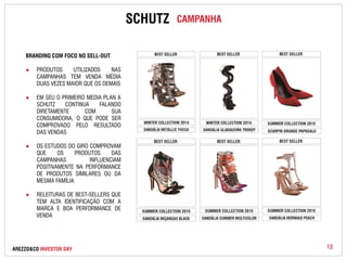SCHUTZ CAMPANHA 
BRANDING COM FOCO NO SELL-OUT 
● PRODUTOS UTILIZADOS NAS 
CAMPANHAS TEM VENDA MÉDIA 
DUAS VEZES MAIOR QUE OS DEMAIS 
● EM SEU O PRIMEIRO MEDIA PLAN A 
SCHUTZ CONTINUA FALANDO 
DIRETAMENTE COM SUA 
CONSUMIDORA, O QUE PODE SER 
COMPROVADO PELO RESULTADO 
DAS VENDAS 
● OS ESTUDOS DO GIRO COMPROVAM 
QUE OS PRODUTOS DAS 
CAMPANHAS INFLUENCIAM 
POSITIVAMENTE NA PERFORMANCE 
DE PRODUTOS SIMILARES OU DA 
MESMA FAMÍLIA 
● RELEITURAS DE BEST-SELLERS QUE 
TEM ALTA IDENTIFICAÇÃO COM A 
MARCA E BOA PERFORMANCE DE 
VENDA 
AREZZO&CO INVESTOR DAY 
13 
 