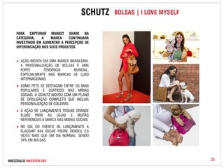 SCHUTZ BOLSAS | I LOVE MYSELF 
PARA CAPTURAR MARKET SHARE NA 
CATEGORIA, A MARCA CONTINUARÁ 
INVESTINDO EM AUMENTAR A PERCEPÇÃO DE 
DIFERENCIAÇÃO NOS SEUS PRODUTOS 
● AÇÃO INÉDITA EM UMA MARCA BRASILEIRA, 
A PERSONALIZAÇÃO DE BOLSAS É UMA 
FORTE TENDÊNCIA MUNDIAL, 
ESPECIALMENTE NAS MARCAS DE LUXO 
INTERNACIONAIS 
● COMO PETS SE DESTACAM ENTRE OS MAIS 
POPULARES E CURTIDOS NAS MÍDIAS 
SOCIAIS, A SCHUTZ INOVOU COM UM PLANO 
DE DIVULGAÇÃO COMPLETO QUE INCLUÍA 
PERSONALIZAÇÃO DE COLEIRAS 
● A AÇÃO DE LANÇAMENTO TROUXE GRANDE 
FLUXO PARA AS LOJAS E MUITAS 
REFERÊNCIAS À MARCA NAS MIDIAS SOCIAIS 
● NO DIA DO EVENTO DE LANÇAMENTO A 
FLAGSHIP 944 OSCAR FREIRE VENDEU 2,5 
VEZES MAIS QUE UM DIA NORMAL, SENDO 
24% EM BOLSAS 
AREZZO&CO INVESTOR DAY 25 
 
