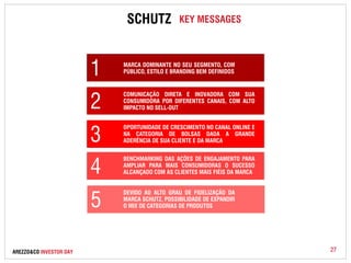 SCHUTZ KEY MESSAGES 
1 
MARCA DOMINANTE NO SEU SEGMENTO, COM 
PÚBLICO, ESTILO E BRANDING BEM DEFINIDOS 
2 
COMUNICAÇÃO DIRETA E INOVADORA COM SUA 
CONSUMIDORA POR DIFERENTES CANAIS, COM ALTO 
IMPACTO NO SELL-OUT 
3 OPORTUNIDADE DE CRESCIMENTO NO CANAL ONLINE E 
NA CATEGORIA DE BOLSAS DADA A GRANDE 
ADERÊNCIA DE SUA CLIENTE E DA MARCA 
4 BENCHMARKING DAS AÇÕES DE ENGAJAMENTO PARA 
AMPLIAR PARA MAIS CONSUMIDORAS O SUCESSO 
ALCANÇADO COM AS CLIENTES MAIS FIÉIS DA MARCA 
5 DEVIDO AO ALTO GRAU DE FIDELIZAÇÃO DA 
MARCA SCHUTZ, POSSIBILIDADE DE EXPANDIR 
O MIX DE CATEGORIAS DE PRODUTOS 
AREZZO&CO INVESTOR DAY 27 
 