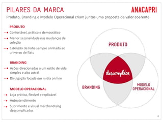 4 
Produto, Branding e Modelo Operacional criam juntos uma proposta de valor coerente 
PRODUTO 
Confortável, prático e democrático 
Menor sazonalidade nas mudanças de 
coleção 
Extensão de linha sempre alinhada ao 
universo de flats 
BRANDING 
Ações direcionadas a um estilo de vida 
simples e alto astral 
Divulgação focada em mídia on line 
MODELO OPERACIONAL 
Loja prática, flexível e replicável 
Autoatendimento 
Suprimento e visual merchandising 
descomplicados 
 