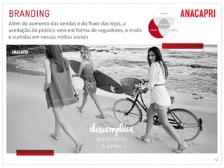 12 
Além do aumento das vendas e do fluxo das lojas, a 
aceitação do público veio em forma de seguidores, e-mails 
e curtidas em nossas mídias sociais 
 