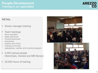 12 
People Development 
Training in our specialties 
RETAIL 
 Stores manager training 
 Team trainings: 
o Store operation 
o Sales technician 
o Product technician 
o Inventories 
o Fashion and Trend 
o Training on the job: 
salesperson, cashier and inventory-keepers 
 4,000 trained people 
(franchises, Owned and MB Stores) 
 35,000 hours of training 
 