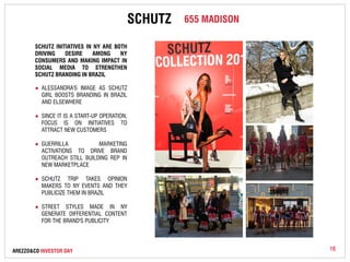 SCHUTZ INITIATIVES IN NY ARE BOTH 
DRIVING DESIRE AMONG NY 
CONSUMERS AND MAKING IMPACT IN 
SOCIAL MEDIA TO STRENGTHEN 
SCHUTZ BRANDING IN BRAZIL 
● ALESSANDRA'S IMAGE AS SCHUTZ 
GIRL BOOSTS BRANDING IN BRAZIL 
AND ELSEWHERE 
● SINCE IT IS A START-UP OPERATION, 
FOCUS IS ON INITIATIVES TO 
ATTRACT NEW CUSTOMERS 
● GUERRILLA MARKETING 
ACTIVATIONS TO DRIVE BRAND 
OUTREACH STILL BUILDING REP IN 
NEW MARKETPLACE 
● SCHUTZ TRIP TAKES OPINION 
MAKERS TO NY EVENTS AND THEY 
PUBLICIZE THEM IN BRAZIL 
● STREET STYLES MADE IN NY 
GENERATE DIFFERENTIAL CONTENT 
FOR THE BRAND'S PUBLICITY 
SCHUTZ 655 MADISON 
AREZZO&CO INVESTOR DAY 16 
 