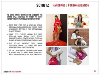 SCHUTZ HANDBAGS | PERSONALIZATION 
TO GROW MARKET SHARE IN THE CATEGORY, THE 
BRAND WILL CONTINUE TO INVEST TO BOOST 
PERCEPTION OF ITS PRODUCT DIFFERENTIATION 
● FIRST TIME EVER FOR A BRAZILIAN BRAND, 
PERSONALIZING HANDBAGS IS A STRONG TREND 
WORLDWIDE, ESPECIALLY FOR INTERNATIONAL 
LUXURY BRANDS 
● SINCE PETS FEATURE AMONG THE MOST 
POPULAR SOCIAL MEDIA 'LIKES', SCHUTZ 
INNOVATED WITH A COMPREHENSIVE OUTREACH 
PLAN THAT INCLUDED PERSONALIZING COLLARS 
● THE ROLLOUT INITIATIVE DROVE MAJOR 
CUSTOMER TRAFFIC TO STORES AND MANY 
BRAND MENTIONS ON SOCIAL MEDIA 
● ON THE LAUNCH EVENT DAY 944 OSCAR FREIRE 
FLAGSHIP SOLD 2.5 TIMES MORE THAN ON A 
REGULAR DAY, OF WHICH 24% WERE HANDBAGS 
AREZZO&CO INVESTOR DAY 25 
 