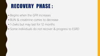 RECOVERY PHASE :
• Begins when the GFR increases
• BUN & creatinine comes to decrease
• 1-2wks but may last for 12 months
• Some individuals do not recover & progress to ESRD
 