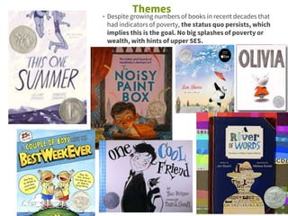 Themes
▪ Despite growing numbers of books in recent decades that
had indicators of poverty, the status quo persists, which
implies this is the goal. No big splashes of poverty or
wealth, with hints of upper SES.
 