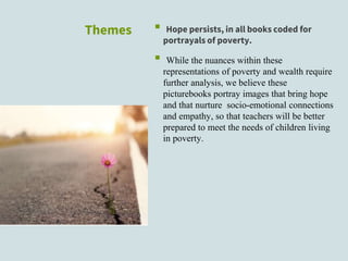 Themes ▪ Hope persists, in all books coded for
portrayals of poverty.
▪ While the nuances within these
representations of poverty and wealth require
further analysis, we believe these
picturebooks portray images that bring hope
and that nurture socio-emotional connections
and empathy, so that teachers will be better
prepared to meet the needs of children living
in poverty.
 