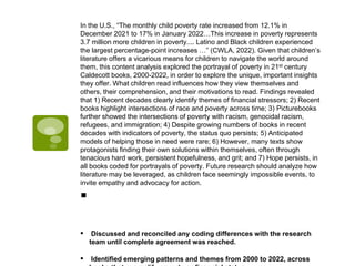 In the U.S., “The monthly child poverty rate increased from 12.1% in
December 2021 to 17% in January 2022…This increase in poverty represents
3.7 million more children in poverty.... Latino and Black children experienced
the largest percentage-point increases …” (CWLA, 2022). Given that children’s
literature offers a vicarious means for children to navigate the world around
them, this content analysis explored the portrayal of poverty in 21st century
Caldecott books, 2000-2022, in order to explore the unique, important insights
they offer. What children read influences how they view themselves and
others, their comprehension, and their motivations to read. Findings revealed
that 1) Recent decades clearly identify themes of financial stressors; 2) Recent
books highlight intersections of race and poverty across time; 3) Picturebooks
further showed the intersections of poverty with racism, genocidal racism,
refugees, and immigration; 4) Despite growing numbers of books in recent
decades with indicators of poverty, the status quo persists; 5) Anticipated
models of helping those in need were rare; 6) However, many texts show
protagonists finding their own solutions within themselves, often through
tenacious hard work, persistent hopefulness, and grit; and 7) Hope persists, in
all books coded for portrayals of poverty. Future research should analyze how
literature may be leveraged, as children face seemingly impossible events, to
invite empathy and advocacy for action.
▪
▪ Discussed and reconciled any coding differences with the research
team until complete agreement was reached.
▪ Identified emerging patterns and themes from 2000 to 2022, across
 
