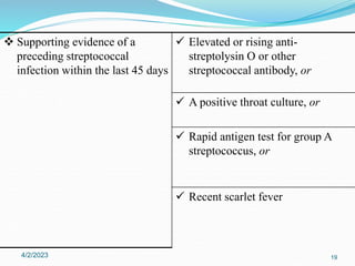  Supporting evidence of a
preceding streptococcal
infection within the last 45 days
 Elevated or rising anti-
streptolysin O or other
streptococcal antibody, or
 A positive throat culture, or
 Rapid antigen test for group A
streptococcus, or
 Recent scarlet fever
4/2/2023 19
 