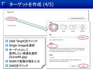 ターゲットのデータって？
人間にとっては認識しやすいが
コンピュータにとっては認識が難しい
コンピュータで認識しやすい目印
のデータを作成してあげる
 