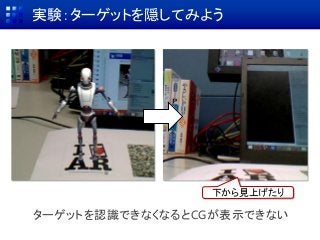 実験：ターゲットを隠してみよう
ターゲットを認識できなくなるとCGが表示できない
下から見上げたり
 