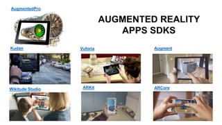 AugmentedPro
ARKit ARCore
Kudan Vuforia Augment
Wikitude Studio
AUGMENTED REALITY
APPS SDKS
 