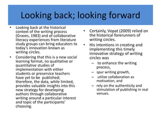Looking back; looking forward 
• Looking back at the historical 
context of the writing process 
(Graves, 1983) and of collaborative 
literacy experiences from literature 
study groups can bring educators to 
today’s innovation known as 
writing circles. 
• Considering that this is a new social 
learning format, no qualitative or 
quantitative studies of 
implementation with either 
students or preservice teachers 
have yet to be published; 
therefore, the data, while limited, 
provides valuable insights into this 
new strategy for developing 
authors through collaborative 
writing around a particular interest 
and topic of the participants’ 
choosing. 
• Certainly, Vopat (2009) relied on 
the historical forerunners of 
writing circles. 
• His intentions in creating and 
implementing this timely 
innovative strategy of writing 
circles was 
– to enhance the writing 
process, 
– spur writing growth, 
– utilize collaboration as 
motivation, and 
– rely on the authenticity and 
stimulation of publishing in real 
venues. 
 