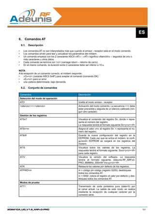 ES
      6.	 Comandos AT
           6.1.	 Descripción

      •	    Los comandos AT no son interpretados más que cuando el emisor - receptor está en el modo comando.
      •	    Los comandos sirven para leer y actualizar los parámetros del módem:
      •	    Un comando empieza con los 2 caracteres ASCII «AT» – «AT» significa «Atención» – seguidos de uno o
            más caracteres u otros datos.
      •	    Cada comando se termina con cr (carriage return – retorno de carro).
      •	    En el mismo comando, la duración entre 2 caracteres debe ser inferior a 10 s.

      NOTA
      A la recepción de un comando correcto, el módem responde:
      •	 «O»cr (carácter ASCII 0x4F) para aceptar el comando (comando OK)
      •	 «E»cr para un error
      •	 una cadena determinada, bajo demanda.	

           6.2.	 Conjunto de comandos

       Comandos                                              Descripción
       Selección del modo de operación
       ATO                                                   Vuelta al modo emisor - receptor
       silencio+++silencio                               Activación del modo comando. La secuencia +++ debe
                                                             estar precedida y seguida de un silencio calibrado (nin-
                                                             gún otro carácter)
       Gestión de los registros
       ATSn?                                                 Visualiza el contenido del registro Sn, donde n repre-
                                                             senta el número del registro.
                                                             La respuesta tendrá el formato siguiente:Sn=ycrlf
       ATSn=m                                                Asigna el valor «m» al registro Sn. n representa el nú-
                                                             mero del registro.
       ATW                                                  Guarda la nueva configuración del registro en la
                                                             EEPROM. Cada vez que se activa el módem, la confi-
                                                             guración EEPROM se cargará en los registros del
                                                             módem.
       AT/S                                                  Visualiza todos los valores de los registros. La
                                                             respuesta tendrá el formato siguiente: Sxxx=ycrlf
                                                             para cada registro.
       AT/V                                                  Visualiza la versión del software. La respuesta
                                                             tendrá el formato siguiente: Adeunis-RF_ARFx3-
                                                             PRO_868MHz_500mW Vxx.yycrlf
       ATR                                                   Restaura los valores por defecto de los registros.
       ATPWD=m                                               m = código pin código (registro S205): desbloquea
                                                             todos los comandos AT.
                                                             m = 0000: coloca el registro al valor por defecto y des-
                                                             bloquea todos los comandos AT.
       Modos de prueba
       ATT1                                                  Transmisión de onda portadora pura (data=0) por
                                                             el canal actual. La salida de este modo se realiza
                                                             mediante la recepción de cualquier carácter por la
                                                             conexión serie.




208210A_UG_V1.6_ARFx3-PRO                                                                                                101
 