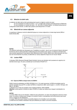 FR
        4.3.	 Sélection de debit radio

      La sélection de débit radio se fait automatiquement quand on règle le numéro de canal :
      •	       Si vous choisissez le numéro de canal = 1 ou 3, le débit radio passera automatiquement à 57600 bit/s.
      •	       Si vous choisissez un numéro de canal = 18....85 (cf ¶ 4.2 Canaux Radio) , le module fonctionnera en
      configuration bande étroite. Le débit radio passera automatiquement à 10 kbit/s.

        4.4.	 Sélectivité sur canaux adjacents

      Le graphique ci-dessous montre la sélectivité typique sur canaux adjacents en modes large bande (WB) et
      bande étroite (NB).




      NOTES
      Une attention particulière est nécessaire pour l’installation du produit : dans le cas où plusieurs liaisons devraient
      fonctionner dans le même périmètre (indépendamment des positions des canaux), la distance minimale entre
      deux produits appartenant à des liaisons radio différentes est de 3 mètres. Même avec cette précaution (en fonc-
      tion de l’environnement du produit), la sélectivité sur canaux adjacents risque de s’en trouver réduite.

        4.5.	 Lecteur RSSI

      L’indicateur RSSI (Received Strength Signal Indicator) donne une indication de la puissance du signal sur la
      dernière trame reçue. On peut y accéder par la commande ATS230?cr.




                                                                      Power level




        4.5.1	 Ajout du RSSI à chaque trame via S300=2

      S300=2 active la sérialisation du RSSI (ATS300=2cr). En mode transceiver, le RSSI est sérialisé avant le
      premier caractère reçu par RF. La valeur de RSSI en s’exprime en dBm, sans le signe «-», de 60 à 120 (pour -60
      dBm à -120 dBm).
      L’utilisation de ce mode est possible via les interfaces RS232, USB et RS485.
      Attention: prenez garde à remettre la valeur ATS300 à 0 (valeur par défaut) pour stopper la sérialisation du
      RSSI

      NOTES
      Le niveau RSSI n’est qu’une indication. Utilisez-le avec précautions en raison de la dispersion entre les compo-
      sants. Le schéma ci-dessus peut changer d’un produit à l’autre. La température de fonctionnement peut aussi
      avoir un impact sur ces dispersions.
      Le niveau RSSI peut aussi indiquer la possible présence d’un brouilleur sur le canal utilisé.
      Le RSSI est une condition nécessaire mais pas suffisante pour obtenir une bonne réception.


208210A_UG_V1.6_ARFx3-PRO                                                                                                       15
 