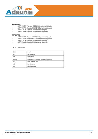 ARF43-PRO
      •	     ARF7474OA - Version RS232/485 antenne intégrée
      •	     ARF7474PA - Version RS232/485 antenne déportée
      •	     ARF7474QA - Version USB antenne intégrée
      •	     ARF7474RA - Version USB antenne déportée

      ARF53-PRO
      •	     ARF7474SA - Version RS232/485 antenne intégrée
      •	     ARF7474TA - Version RS232/485 antenne déportée
      •	     ARF7474UA - Version USB antenne intégrée
      •	     ARF7474VA - Version USB antenne déportée


        7.4.	 Glossaire

       TBD                à définir
       NC                 déconnecté
       NU                 non utilisé
       FHSS               Frequency Hopping Spread Spectrum
       FIFO               First In First Out
       WB                 bande large
       NB                 bande étroite




208210A_UG_V1.6_ARFx3-PRO                                     25
 