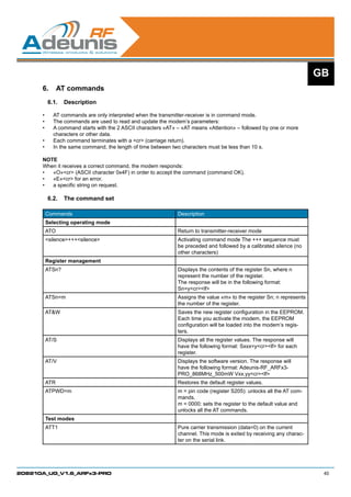 GB
      6.	 AT commands
           6.1.	 Description

      •	    AT commands are only interpreted when the transmitter-receiver is in command mode.
      •	    The commands are used to read and update the modem’s parameters:
      •	    A command starts with the 2 ASCII characters «AT» – «AT means «Attention» – followed by one or more
            characters or other data.
      •	    Each command terminates with a cr (carriage return).
      •	    In the same command, the length of time between two characters must be less than 10 s.

      NOTE
      When it receives a correct command, the modem responds:
      •	 «O»cr (ASCII character 0x4F) in order to accept the command (command OK).
      •	 «E»cr for an error.
      •	 a specific string on request.	

           6.2.	 The command set

       Commands                                               Description
       Selecting operating mode
       ATO                                                    Return to transmitter-receiver mode
       silence+++silence                                  Activating command mode The +++ sequence must
                                                              be preceded and followed by a calibrated silence (no
                                                              other characters)
       Register management
       ATSn?                                                  Displays the contents of the register Sn, where n
                                                              represent the number of the register.
                                                              The response will be in the following format:
                                                              Sn=ycrlf
       ATSn=m                                                 Assigns the value «m» to the register Sn; n represents
                                                              the number of the register.
       ATW                                                   Saves the new register configuration in the EEPROM.
                                                              Each time you activate the modem, the EEPROM
                                                              configuration will be loaded into the modem’s regis-
                                                              ters.
       AT/S                                                   Displays all the register values. The response will
                                                              have the following format: Sxxx=ycrlf for each
                                                              register.
       AT/V                                                   Displays the software version. The response will
                                                              have the following format: Adeunis-RF_ARFx3-
                                                              PRO_868MHz_500mW Vxx.yycrlf
       ATR                                                    Restores the default register values.
       ATPWD=m                                                m = pin code (register S205): unlocks all the AT com-
                                                              mands.
                                                              m = 0000: sets the register to the default value and
                                                              unlocks all the AT commands.
       Test modes
       ATT1                                                   Pure carrier transmission (data=0) on the current
                                                              channel. This mode is exited by receiving any charac-
                                                              ter on the serial link.




208210A_UG_V1.6_ARFx3-PRO                                                                                               40
 