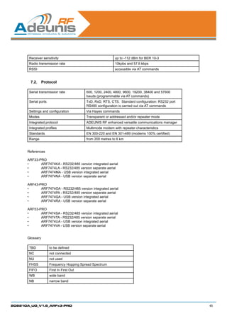 Receiver sensitivity                                 up to -112 dBm for BER 10-3
       Radio transmission rate                              10kpbs and 57.6 kbps
       RSSI                                                 accessible via AT commands


        7.2.	 Protocol

       Serial transmission rate            600, 1200, 2400, 4800, 9600, 19200, 38400 and 57600
                                           bauds (programmable via AT commands)
       Serial ports                        TxD, RxD, RTS, CTS.  Standard configuration: RS232 port
                                           RS485 configuration is carried out via AT commands
       Settings and configuration          Via Hayes commands
       Modes                               Transparent or addressed and/or repeater mode
       Integrated protocol                 ADEUNIS RF enhanced versatile communications manager
       Integrated profiles                 Multimode modem with repeater characteristics
       Standards                           EN 300-220 and EN 301-489 (modems 100% certified)
       Range                               from 200 metres to 6 km


      References

      ARF33-PRO
      •	     ARF7474KA - RS232/485 version integrated aerial
      •	     ARF7474LA - RS232/485 version separate aerial
      •	     ARF7474MA - USB version integrated aerial
      •	     ARF7474NA - USB version separate aerial

      ARF43-PRO
      •	     ARF7474OA - RS232/485 version integrated aerial
      •	     ARF7474PA - RS232/485 version separate aerial
      •	     ARF7474QA - USB version integrated aerial
      •	     ARF7474RA - USB version separate aerial

      ARF53-PRO
      •	     ARF7474SA - RS232/485 version integrated aerial
      •	     ARF7474TA - RS232/485 version separate aerial
      •	     ARF7474UA - USB version integrated aerial
      •	     ARF7474VA - USB version separate aerial


      Glossary

       TBD            to be defined
       NC             not connected
       NU             not used
       FHSS           Frequency Hopping Spread Spectrum
       FIFO           First In First Out
       WB             wide band
       NB             narrow band




208210A_UG_V1.6_ARFx3-PRO                                                                            45
 
