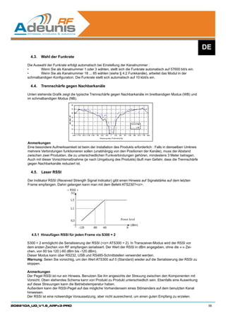 DE
        4.3.	 Wahl der Funkrate

      Die Auswahl der Funkrate erfolgt automatisch bei Einstellung der Kanalnummer :
      •	      Wenn Sie als Kanalnummer 1 oder 3 wählen, stellt sich die Funkrate automatisch auf 57600 bit/s ein.
      •	      Wenn Sie als Kanalnummer 18 ... 85 wählen (siehe § 4.2 Funkkanäle), arbeitet das Modul in der
      schmalbandigen Konfiguration. Die Funkrate stellt sich automatisch auf 10 kbit/s ein.

        4.4.	 Trennschärfe gegen Nachbarkanäle

      Unten stehende Grafik zeigt die typische Trennschärfe gegen Nachbarkanäle im breitbandigen Modus (WB) und
      im schmalbandigen Modus (NB).




      Anmerkungen
      Eine besondere Aufmerksamkeit ist beim der Installation des Produkts erforderlich : Falls in demselben Umkreis
      mehrere Verbindungen funktionieren sollen (unabhängig von den Positionen der Kanäle), muss der Abstand
      zwischen zwei Produkten, die zu unterschiedlichen Funkverbindungen gehören, mindestens 3 Meter betragen.
      Auch mit dieser Vorsichtsmaßnahme (je nach Umgebung des Produkts) läuft man Gefahr, dass die Trennschärfe
      gegen Nachbarkanäle reduziert ist.

        4.5.	 Leser RSSI

      Der Indikator RSSI (Received Strength Signal Indicator) gibt einen Hinweis auf Signalstärke auf dem letzten
      Frame empfangen. Dahin gelangen kann man mit dem Befehl ATS230?cr.




                                                                   Power level




        4.5.1	 Hinzufügen RSSI für jeden Frame via S300 = 2

      S300 = 2 ermöglicht die Serialisierung der RSSI (cr ATS300 = 2). In Transceiver-Modus wird der RSSI vor
      dem ersten Zeichen von RF empfangen serialisiert. Der Wert der RSSI in dBm angegeben, ohne die «-» Zei-
      chen, von 60 bis 120 (-60 dBm bis -120 dBm).
      Dieser Modus kann über RS232, USB und RS485-Schnittstellen verwendet werden.
      Warnung: Seien Sie vorsichtig, um den Wert ATS300 auf 0 (Standard) wieder auf die Serialisierung der RSSI zu
      stoppen.

      Anmerkungen
      Der Pegel RSSI ist nur ein Hinweis. Benutzen Sie ihn angesichts der Streuung zwischen den Komponenten mit
      Vorsicht. Oben stehendes Schema kann von Produkt zu Produkt unterschiedlich sein. Ebenfalls eine Auswirkung
      auf diese Streuungen kann die Betriebstemperatur haben.
      Außerdem kann der RSSI-Pegel auf das mögliche Vorhandensein eines Störsenders auf dem benutzten Kanal
      hinweisen.
      Der RSSI ist eine notwendige Voraussetzung, aber nicht ausreichend, um einen guten Empfang zu erzielen.

208210A_UG_V1.6_ARFx3-PRO                                                                                               56
 