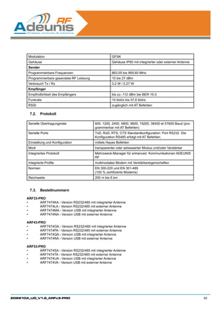 Modulation                                         GFSK
          Gehäuse                                            Gehäuse IP65 mit integrierter oder externer Antenne
          Sender
          Programmierbare Frequenzen                         863,05 bis 869,60 MHz
          Programmierbare gesendete RF Leistung              10 bis 27 dBm
          Verbrauch Tx / Rx                                  3,2 W / 0,27 W
          Empfänger
          Empfindlichkeit des Empfängers                     bis zu -112 dBm bei BER 10-3
          Funkrate                                           10 kbit/s bis 57,6 kbit/s
          RSSI                                               zugänglich mit AT Befehlen

           7.2.	 Protokoll

          Serielle Übertragungsrate               600, 1200, 2400, 4800, 9600, 19200, 38400 et 57600 Baud (pro-
                                                  grammierbar mit AT Befehlen)
          Serielle Ports                          TxD, RxD, RTS, CTS Standardkonfiguration: Port RS232  Die
                                                  Konfiguration RS485 erfolgt mit AT Befehlen.
          Einstellung und Konfiguration           mittels Hayes Befehlen
          Modi                                    transparenter oder adressierter Modus und/oder Verstärker
          Integriertes Protokoll                  Mehrzweck-Manager für enhanced Kommunikationen ADEUNIS
                                                  RF
          Integrierte Profile                     multimodales Modem mit Verstärkereigenschaften
          Normen                                  EN 300-220 und EN 301-489
                                                  (100 % zertifizierte Modems)
          Reichweite                              200 m bis 6 km
      	

           7.3.	 Bestellnummern

      ARF33-PRO
      •	     ARF7474KA - Version RS232/485 mit integrierter Antenne
      •	     ARF7474LA - Version RS232/485 mit externer Antenne
      •	     ARF7474MA - Version USB mit integrierter Antenne
      •	     ARF7474NA - Version USB mit externer Antenne

      ARF43-PRO
      •	     ARF7474OA - Version RS232/485 mit integrierter Antenne
      •	     ARF7474PA - Version RS232/485 mit externer Antenne
      •	     ARF7474QA - Version USB mit integrierter Antenne
      •	     ARF7474RA - Version USB mit externer Antenne

      ARF53-PRO
      •	     ARF7474SA - Version RS232/485 mit integrierter Antenne
      •	     ARF7474TA - Version RS232/485 mit externer Antenne
      •	     ARF7474UA - Version USB mit integrierter Antenne
      •	     ARF7474VA - Version USB mit externer Antenne




208210A_UG_V1.6_ARFx3-PRO                                                                                          65
 