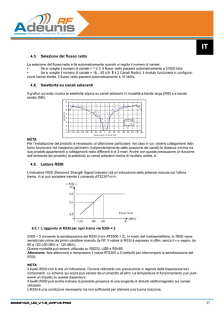 IT
        4.3.	 Selezione del flusso radio

      La selezione del flusso radio si fa automaticamente quando si regola il numero di canale:
      •	       Se si sceglie il numero di canale = 1 o 3, il flusso radio passerà automaticamente a 57600 bit/s.
      •	       Se si sceglie il numero di canale = 18....85 (cfr. ¶ 4.2 Canali Radio), il modulo funzionerà in configura-
      zione banda stretta. Il flusso radio passerà automaticamente a 10 kbit/s.

        4.4.	 Selettività su canali adiacenti

      Il grafico qui sotto mostra la selettività atipica su canali adiacenti in modalità a banda larga (WB) e a banda
      stretta (NB).




      NOTA
      Per l’installazione del prodotto è necessaria un’attenzione particolare: nel caso in cui i diversi collegamenti deb-
      bano funzionare nel medesimo perimetro (indipendentemente dalla posizione dei canali) la distanza minima tra
      due prodotti appartenenti a collegamenti radio differenti è di 3 metri. Anche con questa precauzione (in funzione
      dell’ambiente del prodotto) la selettività su canali adiacenti rischia di risultare ridotta. A

        4.5.	 Lettore RSSI

      L’indicatore RSSI (Received Strength Signal Indicator) dà un’indicazione della potenza ricevuta sul l’ultima
      trama. Vi si può accedere tramite il comando ATS230?cr.




                                                                     Power level




         4.5.1	 L’aggiunta di RSSI per ogni trama via S300 = 2

      S300 = 2 consente la serializzazione del RSSI (cr ATS300 = 2). In modo del ricetrasmettitore, la RSSI viene
      serializzato prima del primo carattere ricevuto da RF. Il valore di RSSI è espresso in dBm, senza il «-» segno, da
      60 a 120 (-60 dBm a -120 dBm).
      Questa modalità può essere utilizzata su RS232, USB e RS485.
      Attenzione: fare attenzione a reimpostare il valore ATS300 a 0 (default) per interrompere la serializzazione del
      RSSI.

      NOTA
      Il livello RSSI non è che un’indicazione. Occorre utilizzarlo con precauzione in ragione della dispersione tra i
      componenti. Lo schema qui sopra può variare da un prodotto all’altro. La temperatura di funzionamento può pure
      avere un impatto su queste dispersioni.
      Il livello RSSI può anche indicare la possibile presenza di una sorgente di disturbi elettromagnetici sul canale
      utilizzato.
      L’RSSI è una condizione necessaria ma non sufficiente per ottenere una buona ricezione.


208210A_UG_V1.6_ARFx3-PRO                                                                                                     77
 