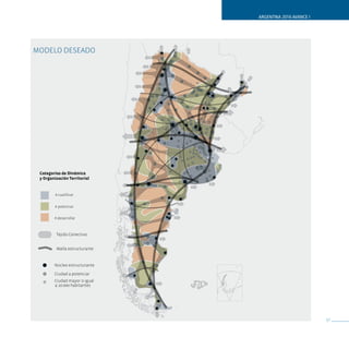 ARGENTINA 2016 AVANCE I




ModELo dEsEAdo




 Categorías de Dinámica
 y Organización Territorial


         A cualificar


         A potenciar


        A desarrollar



         Tejido Conectivo


         Malla estructurante


        Núcleo estructurante

        Ciudad a potenciar
        Ciudad mayor o igual
        a 10.000 habitantes




                                                         57
 