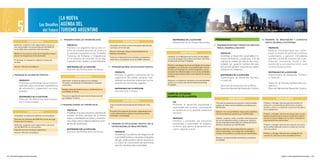 LA NUEVA

                   5                                    Los Desafíos AGENDA DEL
                                                          del Futuro TURISMO ARGENTINO
                                                                      5. PROGRAMA FEDERAL DE TURISMO INCLUSIvO.                                                                                RESPONSABLE DE LA EJECUCION:                           PROgRAMAS.                                                 10. PROGRAMA DE INvESTIGACION y ESTADISTICA
                                    ACCIONES PRINCIPALES                                                                                        ACCIONES PRINCIPALES                           Administración de Parque Nacionales.                                                                                  PARA EL DESARROLLO SUSTENTAbLE.
             Gestionar, organizar y dar seguimiento a las accio-             PROPOSITO:                                        Consolidar una oferta turística emergente diversificada                                                               9. PROGRAMA DE DESTINOS y PRODUCTOS TURISTICOS
             nes relacionadas con la participación del MINTUR,               Facilitar a un segmento del turismo in-           a lo largo y ancho del país.                                                                                             PARA EL DESARROLLO INCLUSIvO.                                   PROPOSITO:
             en las diferentes instancias internacionales.
                                                                             terno de escasos recursos, el acceso a            Generar oferta que rompa la estacionalidad de los                                                                                                                                        Realizar investigaciones que contri-
             Mantener la presencia activa de la República Argen-             un	 período	 vacacional	 en	 las	 Unidades	       destinos emergentes.                                                       ACCIONES PRINCIPALES                              PROPOSITO:                                                  buyan al diseño de políticas turísticas
             tina en los Organismos Internacionales.                         Turísticas de Embalse y Chapadmalal                                                                         Coordinar con el Ministerio de Turismo las estrategias             Contribuir al desarrollo sustentable e in-                  sustentables y generar indicadores
                                                                                                                               Favorecer el desarrollo de los destinos emergentes a
                                                                             en un proceso de inclusión social bajo            través de la consolidación de las de PyMEs hoteleras.     y acciones de desarrollo turístico en el marco del Siste-          clusivo de destinos y productos, a fin de                   que den cuenta de la evolución y con-
             Profundizar la integración regional a través del
             turismo.                                                        estándares de calidad y sustentabilidad.                                                                    ma Nacional de Áreas Protegidas.                                   mejorar la calidad de vida de las comu-                     tribución económica, social y am-
                                                                                                                                                                                                                                                            nidades con vocación turística del país,                    biental de la actividad turística, para
                                                                                                                                                                                         Planificar estratégicamente las actividades de las áreas
             Generar informes estratégicos.                                  RESPONSABLE DE LA EJECUCION:                     7. PROGRAMA NACIONAL DE FACILITACION TURISTICA.            protegidas y, en particular, el uso público dentro de las          procurando generar experiencias signifi-                    la toma de decisiones.
                                                                             Dirección de Prestaciones Turísticas.                                                                       mismas, armonizando los criterios tendientes a la con-             cativas en los visitantes.
                                                                                                                                     PROPOSITO:                                          servación de la Biodiversidad, con los de las actividades                                                                      RESPONSABLE DE LA EJECUCION:
                                                                                                                                                                                         turísticas que se desarrollan en las regiones en las que
           4. PROGRAMA DE ACCIONES bILATERALES.                                                                                      Articular la gestión transversal de los                                                                                RESPONSABLE DE LA EJECUCION:                                Subsecretaría de Desarrollo Turístico,
                                                                                       ACCIONES PRINCIPALES                                                                              se sitúan.
                                                                                                                                     organismos del estado nacional, coor-                                                                                  Subsecretaría de Desarrollo Turístico,                      a través de:
                      PROPOSITO:                                       Administrar la oferta de plazas en las Unidades               dinando las distintas instancias y armo-            Gestionar un sistema de indicadores de sustentabilidad             a través de:
                      Promover y profundizar las acciones bi-          Turísticas, considerando una demanda en constante             nizando las normativas vigentes.                    turística en el marco del Sistema Nacional de Áreas                                                                            Dirección de Estudios de Mercado y Es-
                                                                       crecimiento.                                                                                                      Protegidas.
                      laterales, para consolidar la plataforma                                                                                                                                                                                              Dirección de Desarrollo de la Oferta.                       tadística.
                      de vinculación y cooperación con otros           Realizar obras de infraestructura y mantenimiento en          RESPONSABLE DE LA EJECUCION:                                                                                           Dirección Nacional de Desarrollo Turístico.                 Dirección Nacional de Desarrollo Turístico.
                      Estados.                                         la Unidades Turísticas.                                       Secretaría de Turismo.
                                                                                                                                                                                         CAMPO DE ACTUACION:
                      RESPONSABLE DE LA EJECUCION:                     Procurar la capacitación permanente del personal de                                                               DESARROLLO DE LA OFERTA.
                                                                       las Unidades Turísticas.                                                                                                                                                                        ACCIONES PRINCIPALES                                       ACCIONES PRINCIPALES
                      Dirección de Relaciones Internaciona-
                      les e Institucionales.                                                                                                    ACCIONES PRINCIPALES                           FIN:
                                                                                                                                                                                                                                                      Formular los proyectos de actuación e instrumentales        Producir y divulgar informes que documenten la
                                                                      6. PROGRAMA FEDERAL DE TURISMO SOCIAL.                   Crear el Comité Interministerial de Facilitación Turís-         Promover el desarrollo equilibrado y                   y planes de mejora para los destinos y productos pre-       evolución y características del turismo receptivo,
                                                                                                                               tica.                                                           sustentable del turismo, aumentando                    identificados.                                              emisivo e interno, a través de la ejecución de opera-
                                                                             PROPOSITO:                                                                                                        su incidencia en el sistema productivo                                                                             tivos estadísticos.
                                    ACCIONES PRINCIPALES                                                                       Procurar la formulación de normas, reglamentaciones                                                                    Elaborar los correspondientes mapas para la planifica-
                                                                             Posibilitar el acceso al turismo a familias de    y actos administrativos dados en función de políticas           nacional.                                              ción de los destinos y productos pre-identificados.         Producir y divulgar informes de síntesis de la contri-
             Profundizar la cooperación bilateral con otros países.          escasos recursos, personas de la tercera          nacionales consensuadas.                                                                                                                                                           bución económica del turismo a través de la aplica-
             Conciliar los intereses del MINTUR con los de orga-
                                                                             edad y a estudiantes terciarios y universita-                                                                     PROPOSITO:                                             Celebrar convenios, actas y acuerdos interinstituciona-     ción de la Cuenta Satélite de Turismo e indicadores
                                                                             rios, a bajo costo en diversos destinos emer-                                                                     Construir y consolidar una estructura                  les con los diferentes actores, organismos, institucio-     macroeconómicos del turismo.
             nismos de otros países.
                                                                                                                                                                                                                                                      nes y/o empresas involucrados en el desarrollo de los
                                                                             gentes de nuestro país.                          8. PROGRAMA DE ARTICULACION TURISTICA CON EL                     equilibrada y sustentable de espacios                  destinos y productos pre-identificados.                     Producir y divulgar informes de evolución de indica-
             Gestionar, organizar y dar seguimiento a las accio-
             nes del MINTUR con otros países.                                                                                    SISTEMA NACIONAL DE ÁREAS PROTEGIDAS.                         turísticos que aporte al desarrollo na-                                                                            dores ambientales del turismo a través de informa-
             Exportar servicios turísticos argentinos.                       RESPONSABLE DE LA EJECUCION:                                                                                      cional, regional y local.                              Generar informes, documentos técnicos y publica-            ción secundaria.
                                                                             Dirección de Prestaciones Turísticas.                   PROPOSITO:                                                                                                       ciones relacionados con el desarrollo sustentable e
             Generar Informes estratégicos.                                                                                                                                                                                                           inclusivo de los destinos y productos pre-identificados.    Producir y divulgar informes de investigación de
                                                                                                                                     Consensuar las políticas de integración de                                                                                                                                   coyuntura y estructura de la actividad turística.
                                                                                                                                     la actividad turística a las áreas protegidas                                                                    Mantener las bases de datos de destinos y productos
                                                                                                                                     del país, potenciando la oferta nacional en                                                                      actualizada.
                                                                                                                                     un marco de conservación del patrimonio
                                                                                                                                     natural y de desarrollo sustentable.



192 / Plan Federal Estratégico de Turismo Sustentable                                                                                                                                                                                                                                                                                   Capítulo 5: La Nueva Agenda del Turismo Argentino / 193
 
