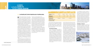 LA NUEVA

                   5                                    Los Desafíos AGENDA DEL
                                                          del Futuro TURISMO ARGENTINO
                                                                                                                                                                                                                                                                              La complejidad de nuestra actividad re-
                                                                                                                                                                       INdICAdORES                     LINEA dE bASE          PROyECCION 2016         PROyECCION 2020         quiere un esfuerzo significativo en la coor-
                                                                                                                                                                                                           2010           MOdERAdA. OPTIMISTA.     MOdERAdA.    OPTIMISTA.    dinación de las acciones de gobierno para
                                                                                                                                                                                                                                                                              que optimice los recursos, a la vez que
                                                                  5.4. Los desafíos del Turismo Argentino para el mediano plazo.                                         Llegadas de turistas no
                                                                                                                                                                         residentes.
                                                                                                                                                                                                          5.325.129        6.566.682   7.324.471    7.275.343   8.982.251
                                                                                                                                                                                                                                                                              conlleve un mecanismo de comunicación
                                                                                                                                                                                                                                                                              que acerque la gestión a la gran diversidad
                                                                                                                                                                         Gasto de turistas                    4.816           7.305       8.148         8.907      10.996     de actores en todo el territorio nacional.

                                                                  A
                                                                                                                                                                         no residentes
                                                                       l analizar el desarrollo del Turismo Argen-   y mejoren la competitividad sectorial.              (millones de USD)                                                                                    En el plano internacional, el mediano plazo
                                                                       tino en términos evolutivos, observamos         Será necesario profundizar las característi-                                                                                                           demanda consolidar el posicionamiento de
                                                                  que el sector se encuentra en plena transi-        cas instrumentales de las actuaciones de go-        Pernoctaciones en               45.984.028       51.462.964           -   55.115.587           -     la República Argentina mediante acciones
                                                                                                                                                                         establecimientos
                                                                  ción entre una etapa de expansión inicial, con     bierno, reforzando las bases estructurales del                                                                                                           bilaterales y multilaterales que posibiliten
                                                                                                                                                                         hoteleros y parahoteleros1
                                                                  características fundacionales (con el Estado       sistema turístico, a través de la generación de                                                                                                          el fortalecimiento de sus vínculos con otros
                                                                  Nacional en un rol de liderazgo activo), hacia     criterios comunes de desarrollo, el diseño de      Fuente: DEMyE, SSDT, MINTUR.                                                                          Estados, la profundización de los procesos
                                                                  una etapa de maduración de la actividad, en        herramientas de actuación acordes a las pro-                                                                                                             de integración regional y el liderazgo en or-
                                                                  la que será necesario consolidar los procesos      blemáticas actuales, la mejora en la gestión         Es por ello que, resulta interesante analizar      En este sentido, cobra cada vez más rele-        ganismos internacionales del sector.
                                                                  desplegados a partir de 2005 y profundizar las     del conocimiento, el acceso a la información      el futuro del Turismo Argentino en términos           vancia la construcción de espacios inter-
                                                                  acciones tendientes a hacer del Turismo una        estratégica y, fundamentalmente, de la articu-    de desafíos para el mediano plazo (5 años),           ministeriales de articulación, a efectos de      DESARROLLO TURISTICO.
                                                                  actividad más eficiente y sustentable.             lación de la gestión con los distintos niveles    que hemos organizado en 6 campos temá-                optimizar la actuación del Estado Nacional       Es necesario consolidar el proceso de
                                                                    Es claro que, desde la sanción de la Ley Na-     de gobierno y la concertación con los diferen-    ticos (para su mejor comprensión) y que ex-           en relación al desarrollo turístico del país.    planificación estratégica iniciado en 2004,
                                                                  cional de Turismo Nº 25.997 y la formulación       tes sectores que hacen a la actividad.            presan la orientación de las políticas públicas       Del mismo modo, fortalecer al Consejo            procurando un desarrollo turístico equili-
                                                                  del Plan Federal Estratégico de Turismo Sus-         Por su parte, en materia de flujos turísti-     para los próximos años.                               Federal de Turismo como órgano natural           brado, sustentable e inclusivo, aumentan-
                                                                  tentable, se ha alcanzado el reposicionamien-      cos, al igual que en 2005, hemos renovado las                                                           para el acuerdo político sectorial.              do la incidencia del turismo en el sistema
                                                                  to de la actividad como factor productivo, el      hipótesis de crecimiento a futuro, lo que nos        gESTION INSTITUCIONAL.                             El fortalecimiento de los Entes Regionales       productivo nacional. Considerar al turismo
                                                                  reconocimiento institucional en la estructura      permitió dimensionar las singularidades de           Como consecuencia directa de haber lo-             de Turismo, su consolidación institucional       como factor de inclusión e inductor del de-
                                                                  de gobierno, la instalación de la planifica-       las regiones y reflexionar sobre la necesidad        grado la consolidación institucional del           y la ampliación y capacitación de sus equi-      sarrollo, deberá ser la premisa que guíe al
                                                                  ción estratégica de largo plazo como proce-        de plantear nuevos programas y proyectos,            turismo en la Argentina, considerado hoy           pos técnicos, resulta un factor que permitirá
                                                                  so orientador y articulador de actuaciones, la     con el objeto de seguir siendo competitivos          por el Gobierno Nacional como un prota-            acelerar el proceso de articulación de la pla-
                                                                  implantación de la gestión de la calidad como      como país turístico.                                 gonista central en la construcción de un           nificación estratégica en materia turística,
                                                                  factor indispensable del desarrollo, el rescate                                                         modelo de desarrollo con inclusión so-             incrementando las capacidades regionales.
                                                                  de la información estadística como elemento                                                             cial que ha privilegiado la diversificación        La conformación de redes de articulación
                                                                  trascendente para la toma de decisiones, el                                                             productiva y las integraciones regionales,         federal en los distintos campos de actua-
                                                                  sustento de la promoción en la investigación                                                            esta nueva etapa nos exige que el turismo          ción, representa el desafío central de la
                                                                  de mercado, el ordenamiento de las inver-                                                               profundice el ocupar un espacio prioritario        gestión turística de los próximos años. En-
                                                                  siones de soporte a la actividad, entre otros                                                           en la agenda de gobierno en los distintos          tendemos que es el único mecanismo para
                                                                  logros.                                                                                                 niveles de gestión. Esto implica que, como         profundizar el diálogo social, amalgamar
                                                                    Sin embargo, vemos con claridad que el de-                                                            tal, el turismo sea comprendido como una           las políticas públicas en sus distintos ni-
                                                                  venir de la actividad está atravesando una se-                                                          actividad transversal al resto de las áreas        veles jurisdiccionales y generar un efecto
                                                                  gunda fase de evolución, que requiere el com-                                                           de gobierno en el plano público y a las res-       sinérgico entre las actuaciones del sector
                                                                  promiso de todos los actores del sector para                                                            tantes ramas productivas en la esfera del          privado, el sector académico y las asocia-
                                                                  el logro de mayores niveles de concertación y                                                           sector privado.                                    ciones intermedias del turismo.
           1. Estos datos corresponden al total país.             articulación que garanticen la sustentabilidad                                                                                                                                                                               Los Horcones. Foto: Ministerio de Turismo.



220 / Plan Federal Estratégico de Turismo Sustentable                                                                                                                                                                                                                                          Capítulo 5: La Nueva Agenda del Turismo Argentino / 221
 