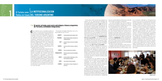 1                        El Turismo como LA INSTITUCIONALIZACION
                                            Política de Estado DEL TURISMO ARGENTINO

                                                                                                                                                                                      Como ente a nivel nacional que agrupa a la         servicio y la diversidad de la oferta que se brinda   en la inversión realizada en infraestructura
                                                                                                                                                                                    mayoría de las organizaciones privadas del           a los turistas nacionales y extranjeros.              hotelera y de servicios, la generación de mano
                                                                                                                                                                                    sector para facilitar la consulta y el análisis de      La unión estratégica que hoy se evidencia          de obra calificada, el desarrollo de industrias
                                                                                                                                                                                    la realidad de la actividad, la CAT articula las     entre el sector público y privado no es casual;       vinculadas directa o indirectamente a la ac-
                                                           1.6. El sector privado como socio estratégico: Cámara Argentina                                                          acciones que canalicen las propuestas de las         se trata de una gestión compartida que se ha          tividad y nuevos productos turísticos que día
                                                                de Turismo y entidades integrantes.                                                                                 asociaciones empresariales, permitiendo de           ido consolidando en los últimos años.                 tras día se suman a la oferta de la Argentina.
                                                                                                                                                                                    ese modo la optimización de los recursos y la          La sanción de la Ley Nacional de Turismo               El sector empresario integra numerosos
                                                                                                                                                                                    consolidación de la colaboración público-pri-        en 2004, (demanda histórica del sector priva-         eslabones fundamentales de la cadena de

                                                           c   omo referente de la actividad privada de
                                                               turismo, la misión de la Cámara Argentina
                                                           de Turismo es representar y defender a la co-
                                                                                                              Principales Entidades Miembros de la Cá-
                                                                                                             mara Argentina de Turismo
                                                                                                                                                                                    vada a nivel nacional. La Cámara se encuentra
                                                                                                                                                                                    reconocida como “socio estratégico” sectorial por
                                                                                                                                                                                    parte de la Ley Nacional de Turismo y su de-
                                                                                                                                                                                                                                         do y del Consejo Federal de Turismo) fue el
                                                                                                                                                                                                                                         puntapié inicial para lograr el actual posicio-
                                                                                                                                                                                                                                         namiento del sector, permitiendo concretar la
                                                                                                                                                                                                                                                                                               valor del negocio turístico. Así, ante el creci-
                                                                                                                                                                                                                                                                                               miento e internacionalización de la actividad
                                                                                                                                                                                                                                                                                               turística, el sector privado debió adaptarse a
                                                           munidad turística de la República Argentina,            AAAVYT - Asociación Argentina de Agencias de Viajes y Turismo.   creto reglamentario. Participa con representa-       creación del Instituto Nacional de Promoción          los requerimientos y necesidades de un tu-
                                                           en el país y el exterior, para lo cual agrupa a                                                                          ción activa en el directorio del INPROTUR (Art.      Turística. La interacción público-privada que         rismo cada vez más exigente. Procesos como
                                                           los diferentes sectores y estamentos que la            FEHGRA - Federación Empresaria Hotelera Gastronómica de           15º–inc. b, Ley 25.997), y es necesario para la      posibilita el INPROTUR permite una planifica-         la globalización y el desarrollo de nuevas tec-
                                                           componen, respetando sus estructuras y ob-                                la República Argentina.                        autoridad de aplicación de la ley ir en consulta     ción estratégica de las acciones tendientes a         nologías modificaron las características, pa-
                                                           jetivos propios, procurando promover la más                                                                              de la Cámara al momento de proponer regla-           posicionar y desarrollar el destino y una rápi-       trones e inquietudes de los turistas, quienes
                                                           estrecha colaboración entre los integrantes                  AHT - Asociación de Hoteles de Turismo de la República      mentaciones relacionadas con las actividades         da capacidad de reacción ante eventualidades          a través de la experiencia fueron incremen-
                                                           de la actividad turística, y siendo el vocero                             Argentina.                                     turísticas, los productos turísticos y los servi-    que determine la coyuntura.                           tando la preferencia por un servicio de alta
                                                           de sus coincidencias, al emitir opinión sobre                                                                            cios a su cargo (Art. 7º-inc. b, Ley 25997)            El avance experimentado se refleja tanto en         calidad, desarrollando una mayor conciencia
                                                           todas aquellas cuestiones concernientes a la             AHRCC - Asociación de Hoteles, Restaurantes, Confiterías y        El Sector Turístico Argentino se encuentra         la llegada de turistas extranjeros y en la ima-       de su incidencia tanto en la oferta como en la
                                                           actividad y política turística.                                           Cafés.                                         inserto en el proyecto global de mejorar la          gen positiva del destino a nivel mundial, como        demanda.
                                                             Todas las actuaciones de la Cámara se des-                                                                             distribución del ingreso y la creación de em-
                                                           pliegan tras la visión de impulsar a la uni-             JURCA - Cámara de Compañías Aéreas en Argentina.                pleos dignos. La sociedad en general va perci-
                                                           dad de la actividad turística privada del país,                                                                          biendo la capacidad de creación de puestos de
                                                           siendo el portavoz del consenso del sector        FEDECATUR - Federación de Cámaras de Turismo de la República           trabajo que tiene este sector, cuya expansión
                                                           ante organismos nacionales y extranjeros,                                 Argentina.                                     lo convierte en una herramienta de gran mag-
                                                           resguardando sus legítimos intereses y pro-                                                                              nitud para afrontar el desafío transformador
                                                           moviendo su desarrollo integral, impulsando                AOCA - Asociación Argentina de Organizadores y Provee-        en la Argentina.
                                                           su sustentabilidad mediante la protección del                             dores de Exposiciones y Congresos.               La formación de una cadena de valor que
                                                           medio ambiente, de los pueblos originarios y                                                                             transita hacia la excelencia en la gestión de
                                                           la identidad cultural, como así también crean-             CATC - Cámara Argentina de Tiempo Compartido.                 empresas, es el tejido imprescindible para
                                                           do conciencia en la sociedad de la importan-                                                                             apuntalar el crecimiento turístico que se ha
                                                           cia del sector y promoviendo el turismo den-             CADEA - Cámara Argentina de Empresas Arrendadoras de            verificado en estos años, tanto en calidad de
                                                           tro y fuera del país.                                                     Automotores.                                   servicio como en crecimiento de oferta.
                                                                                                                                                                                        Seria imposible sostener todo este creci-
                                                                                                                                                                                    miento sin la tarea de base que se está realizan-
                                                                                                                                                                                    do, desde el Ministerio de Turismo de la Nación,
                                                                                                                                                                                    las provincias y los municipios, en el CFT y des-
                                                                                                                                                                                    de el sector privado encabezado por la Cámara
                                                                                                                                                                                    Argentina de Turismo, junto a las entidades que
                                                                                                                                                                                    la componen, para incrementar la calidad del                                                                                                             Reunión en la CAT.



42 / Plan Federal Estratégico de Turismo Sustentable                                                                                                                                                                                                                                                             Capítulo 1: La Institucionalización del Turismo Argentino / 43
 