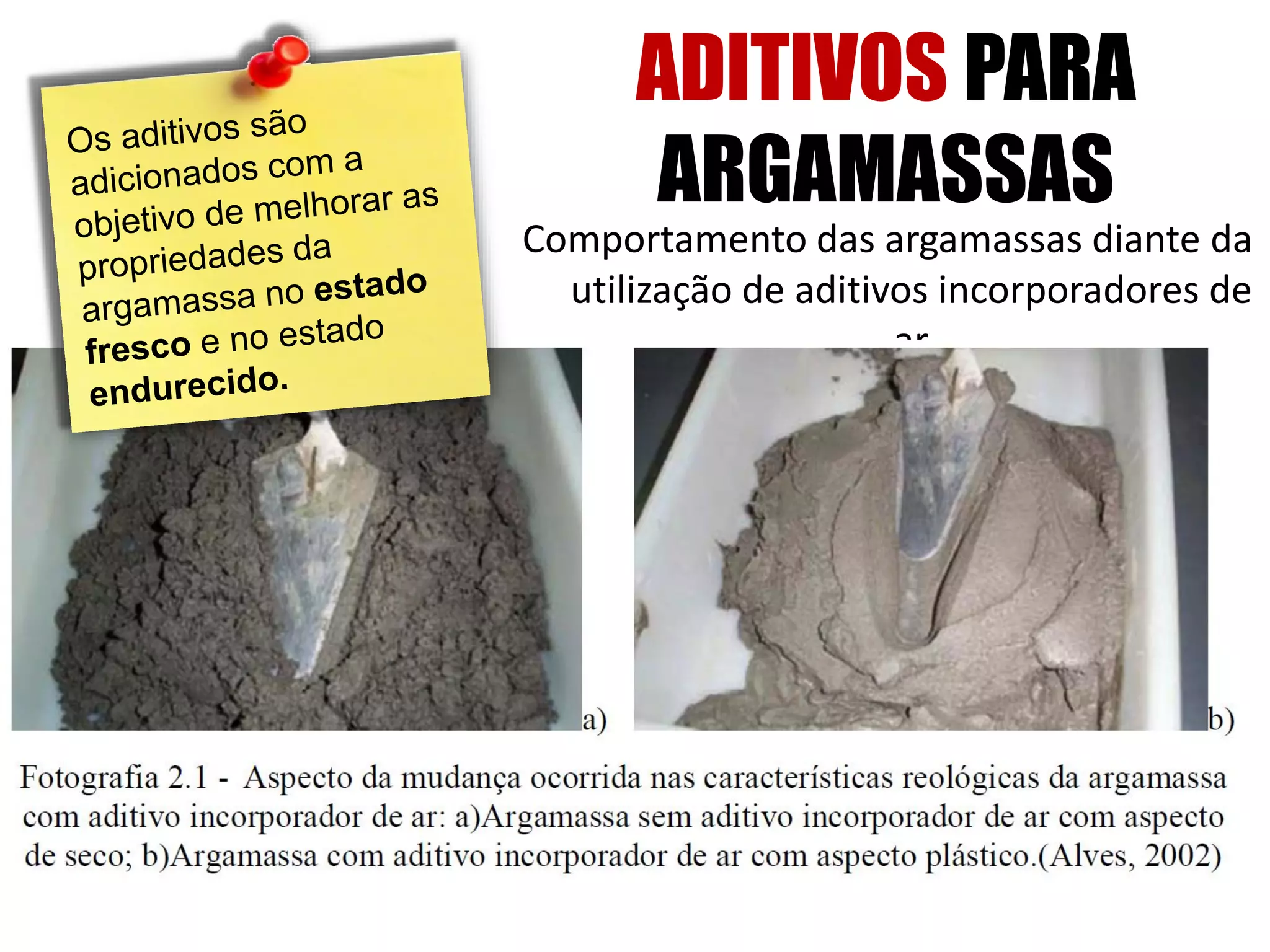 Comportamento das argamassas diante da
utilização de aditivos incorporadores de
ar
ADITIVOS PARA
ARGAMASSAS
 
