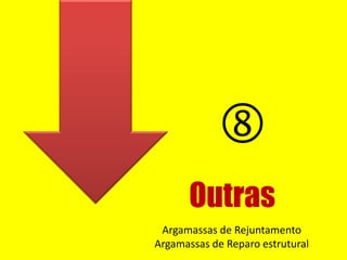 Outras

Argamassas de Rejuntamento
Argamassas de Reparo estrutural
 
