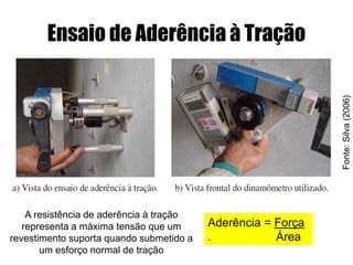 Ensaio de Aderência à Tração
A resistência de aderência à tração
representa a máxima tensão que um
revestimento suporta quando submetido a
um esforço normal de tração
Fonte:Silva(2006)
Aderência = Força
. Área
 