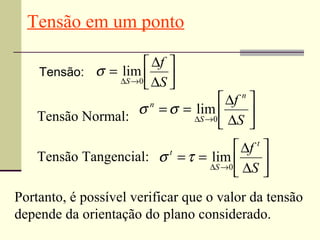 Tensão em um ponto

                      ∆f 
    Tensão: σ = lim 
                ∆S →0 ∆S 
                      
                                   ∆f n 
    Tensão Normal:
                   σ n = σ = lim        
                             ∆S →0 ∆S
                                        
                                       ∆f t 
    Tensão Tangencial: σ t = τ = lim        
                                 ∆S →0 ∆S
                                            
Portanto, é possível verificar que o valor da tensão
depende da orientação do plano considerado.
 