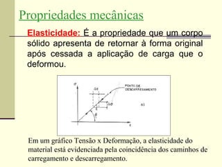 Propriedades mecânicas
 Elasticidade: É a propriedade que um corpo
 sólido apresenta de retornar à forma original
 após cessada a aplicação de carga que o
 deformou.




 Em um gráfico Tensão x Deformação, a elasticidade do
 material está evidenciada pela coincidência dos caminhos de
 carregamento e descarregamento.
 