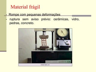 Material frágil
- Rompe com pequenas deformações
- ruptura sem aviso prévio: cerâmicas, vidro,
  pedras, concreto.
 