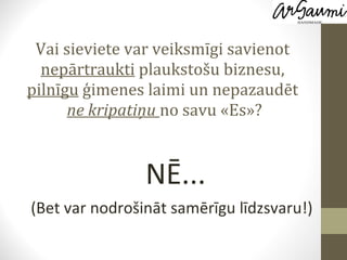 Vai sieviete var veiksmīgi savienot  nepārtraukti  plaukstošu biznesu,  pilnīgu  ģimenes laimi un nepazaudēt  ne kripatiņu  no savu «Es»? NĒ... (Bet var nodrošināt samērīgu līdzsvaru!)  