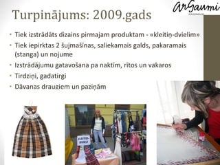 Turpinājums: 2009.gads Tiek izstrādāts dizains pirmajam produktam - «kleitiņ-dvielim» Tiek iepirktas 2 šujmašīnas, saliekamais galds, pakaramais (stanga) un nojume Izstrādājumu gatavošana pa naktīm, rītos un vakaros  Tirdziņi, gadatirgi Dāvanas draugiem un paziņām 
