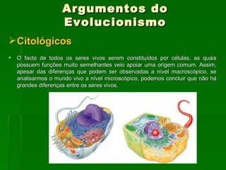 Argumentos do Evolucionismo Citológicos O facto de todos os seres vivos serem constituídos por células, as quais possuem funções muito semelhantes veio apoiar uma origem comum. Assim, apesar das diferenças que podem ser observadas a nível macroscópico, se analisarmos o mundo vivo a nível microscópico, podemos concluir que não há grandes diferenças entre os seres vivos. 