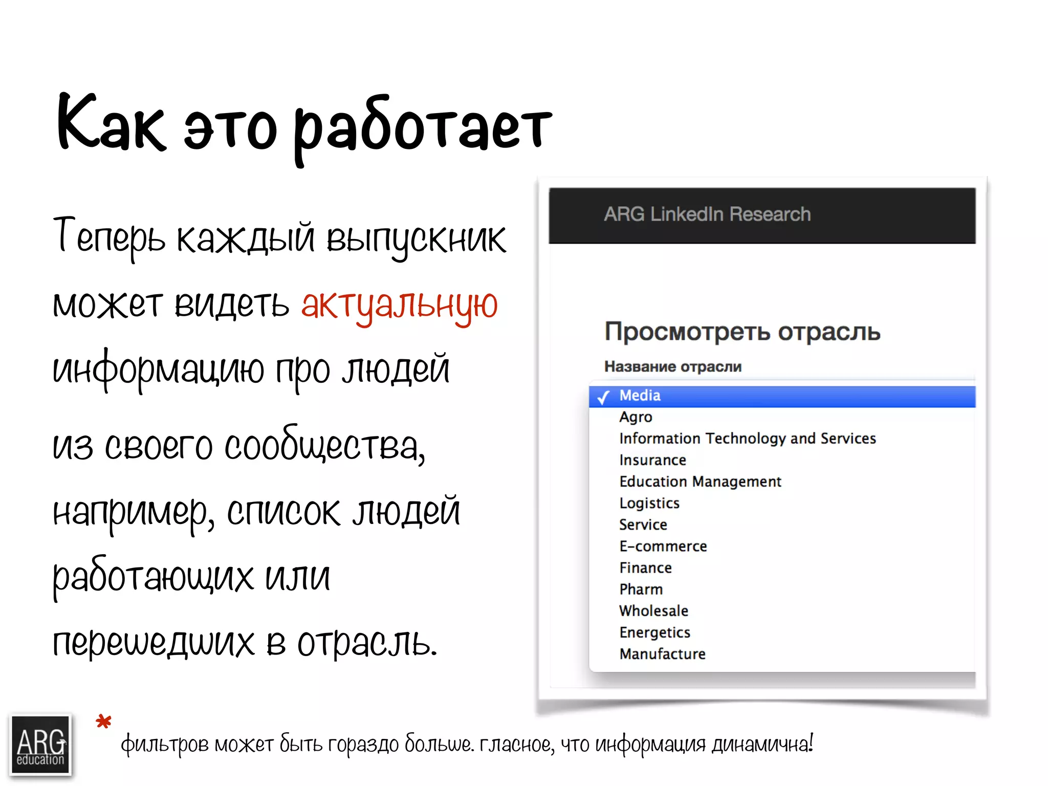 Как это работает 
Теперь каждый выпускник 
может видеть актуальную 
информацию про людей 
из своего сообщества, 
например, список людей 
работающих или 
перешедших в отрасль. 
* фильтров может быть гораздо больше. гласное, что информация динамична! 
 